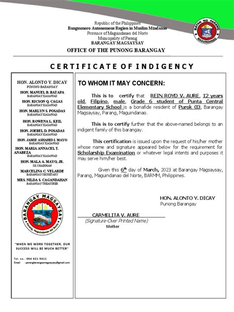 Certificate of Indigency for Scholarship .